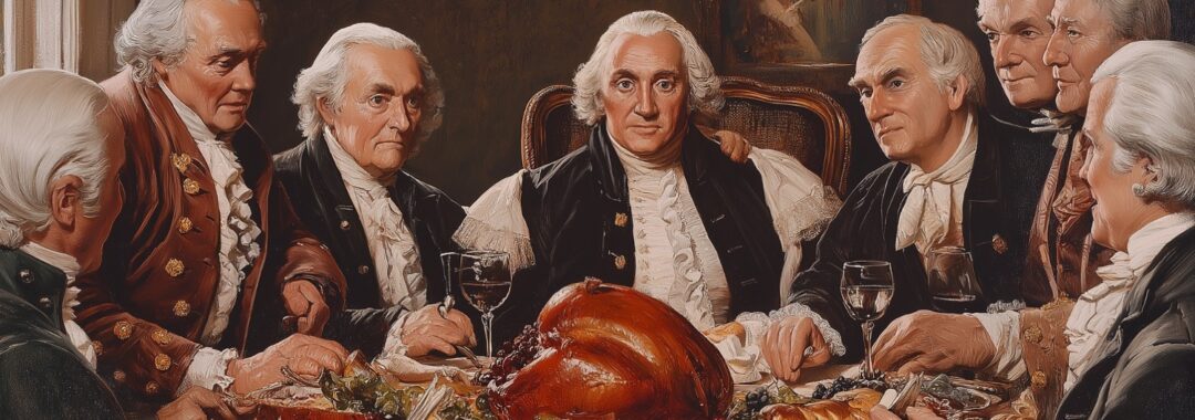 An illustration of President George Washington celebrating thanksgiving dinner with the founding fathers of America.