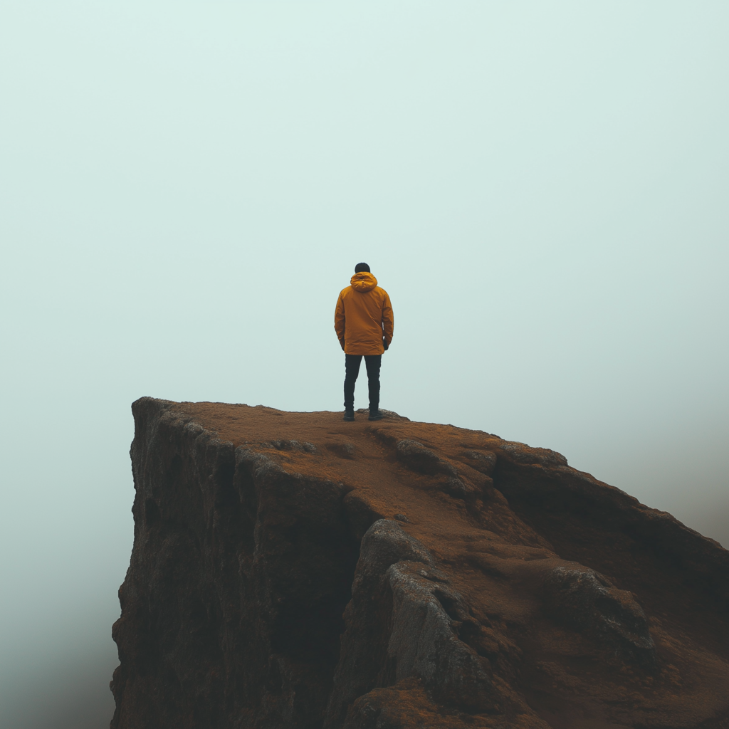 A rugged solitary figure looking into an empty landscape. 