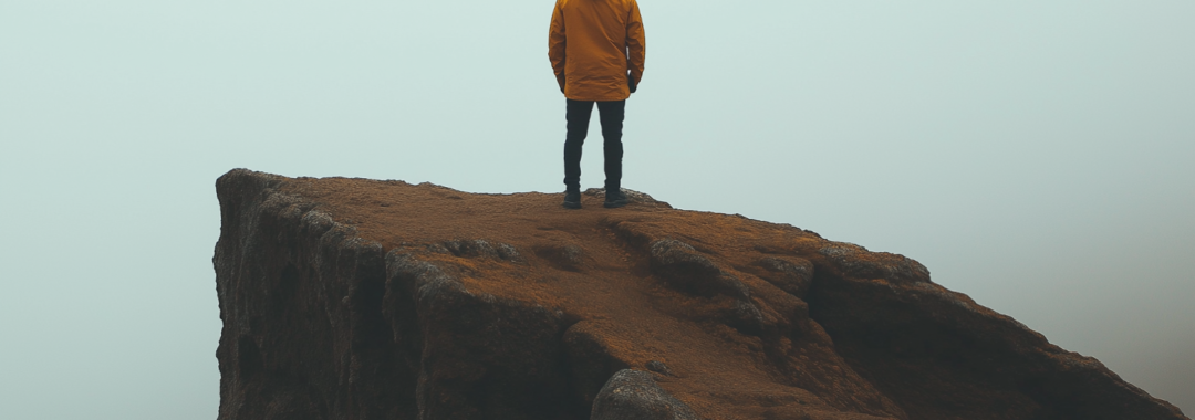 A solitary figure looking out into an expansive open grey sky.