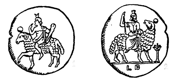 Alexandrian coins of the Caesars. Showing Hermes on the Ram, entering the year as Hippocrates and leaving it for the underworld as Serapes. Later forms of Horus and Osiris