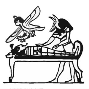 Osiris being awakened by Anubis while his soul hovers above, about to return to the body. Note the bier in the form of a Lion.