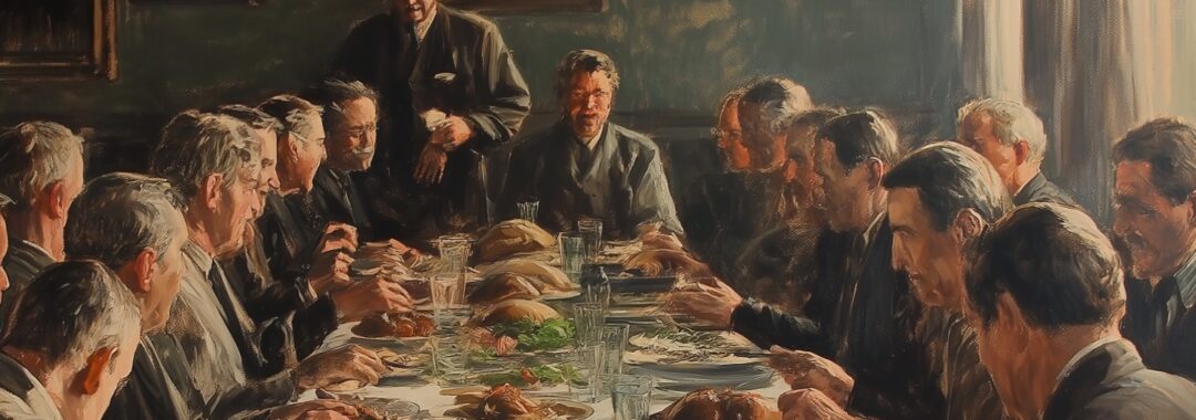 A painting of Freemasons gathering for a thanksgiving meal.