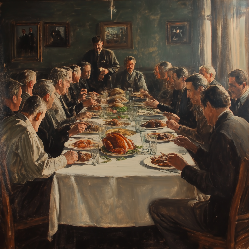 An illustration of Freemasons sharing Thanksgiving dinner.