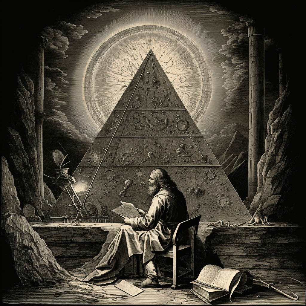 An illustration of a bearded man looking at papers sitting in front of a pyramid with astrological symbols radiating from behind.