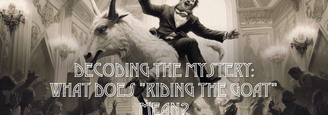 A man wearing a tuxedo, riding a goat through a dining hall of people.