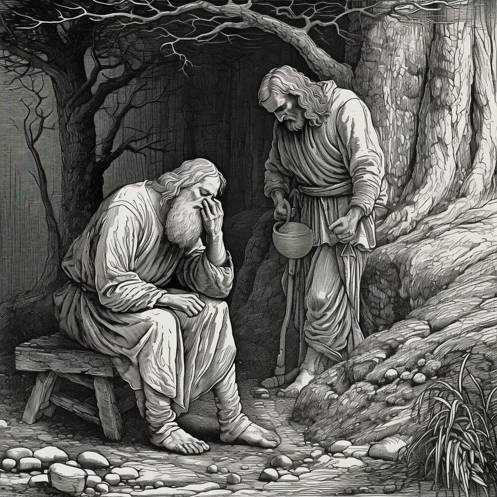 An illustration of an older man being scolded by a younger man for being idle.