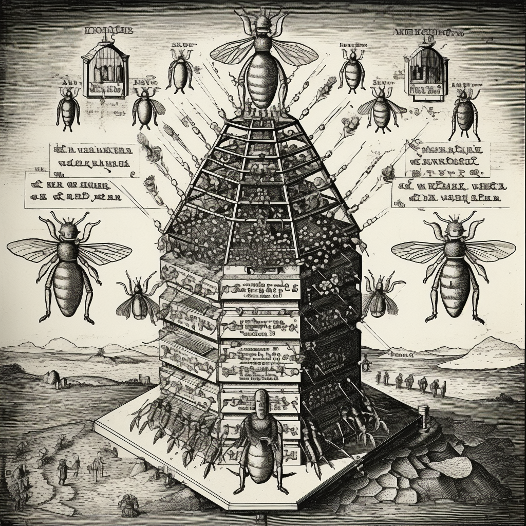 A Masonic Lodge should resemble a bee-hive, in which all the members work together with ardor for the common good. In the style of Robert Fludd.