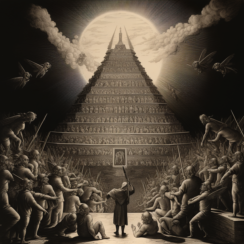 A Masonic Lodge should resemble a bee-hive, in which all the members work together with ardor for the common good. In the style of Gustave Doré.