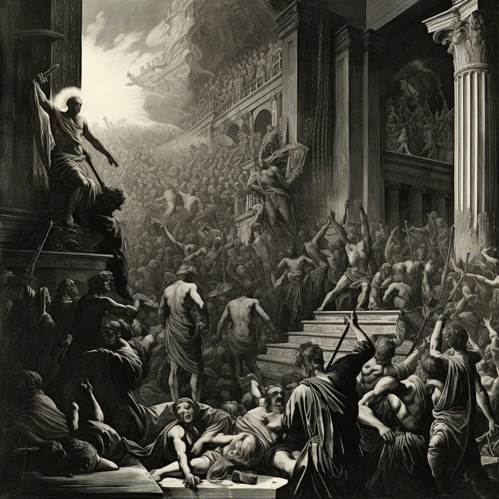 Take off that restraint, and no government on earth could stand for an hour. In the style of Gustave Doré.