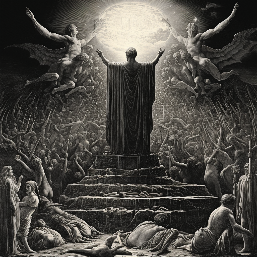 It holds that, with all its evils, life is a blessing. To deny that is to destroy the basis of all religion, natural and revealed. In the style of Gustave Doré.