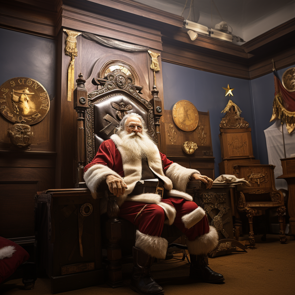 A Christmas Santa sitting in the worshipful masters chair of a Masonic lodge.