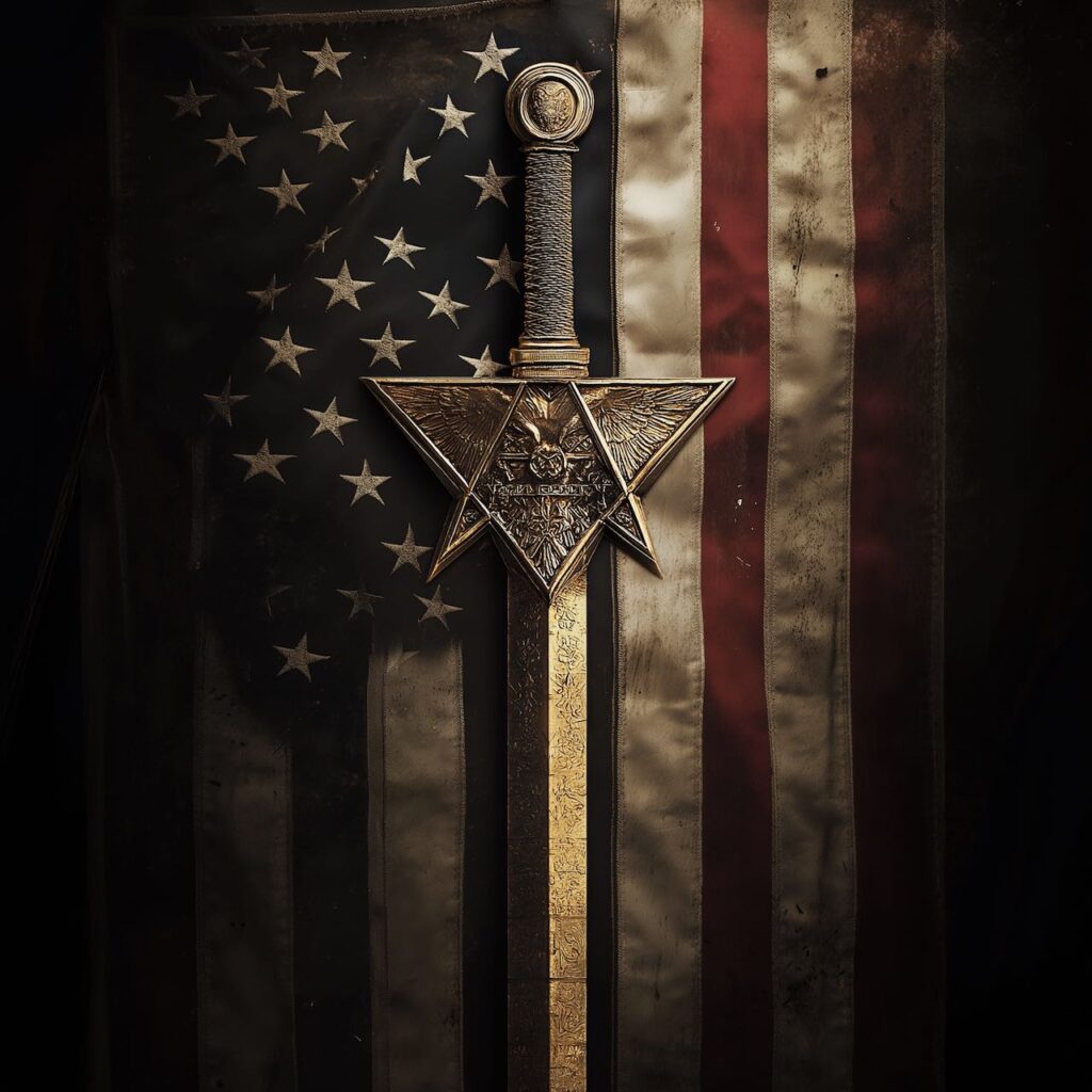 A sword with a masonic square and compass hilt atop an American flag.