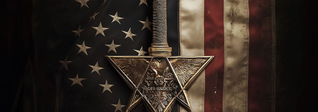 A sword with a masonic square and compass hilt atop an American flag.