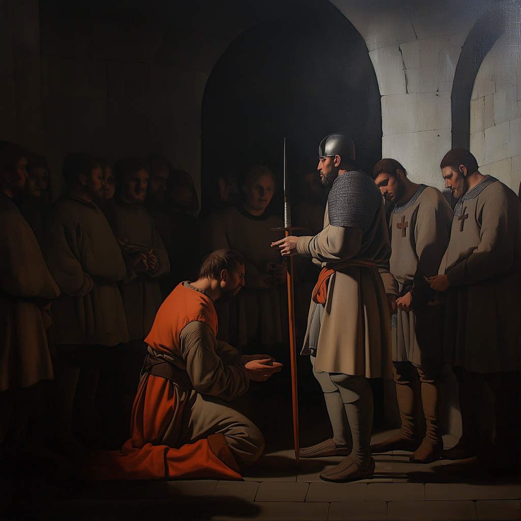 A painting of a young squire being knighted into the Knights Templar order.