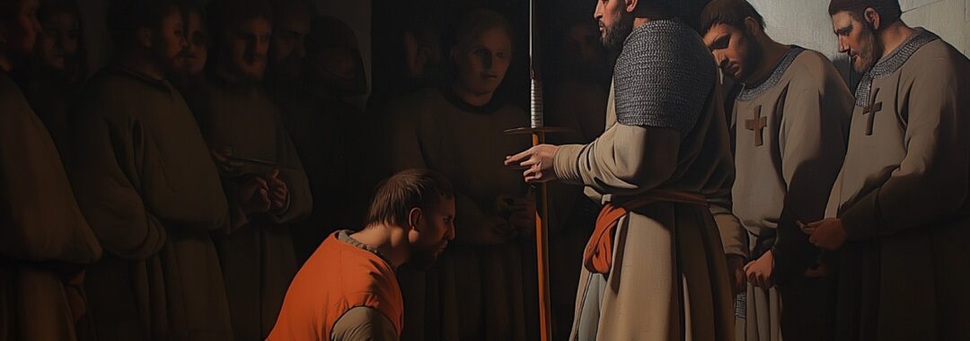 A painting of a young Templar squire getting knighted.