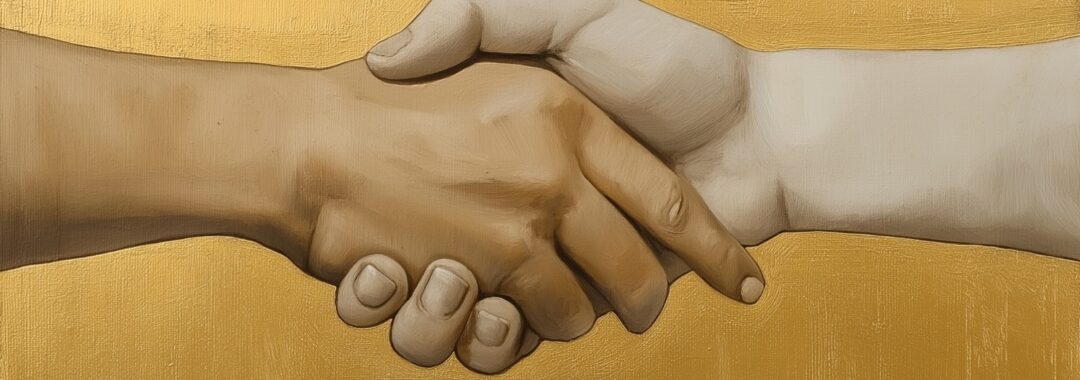 Two hands in a grip of brotherly love on a gold field.