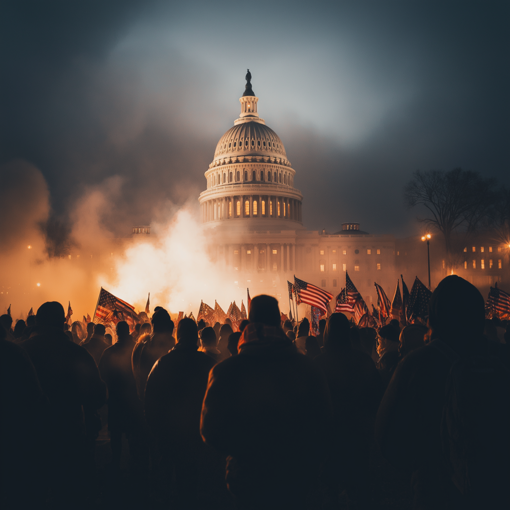 A violent mob descends on Washington D.C. at dusk.